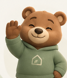 Mascote do Meu Cômodo, ursinho de moletom verde acenando